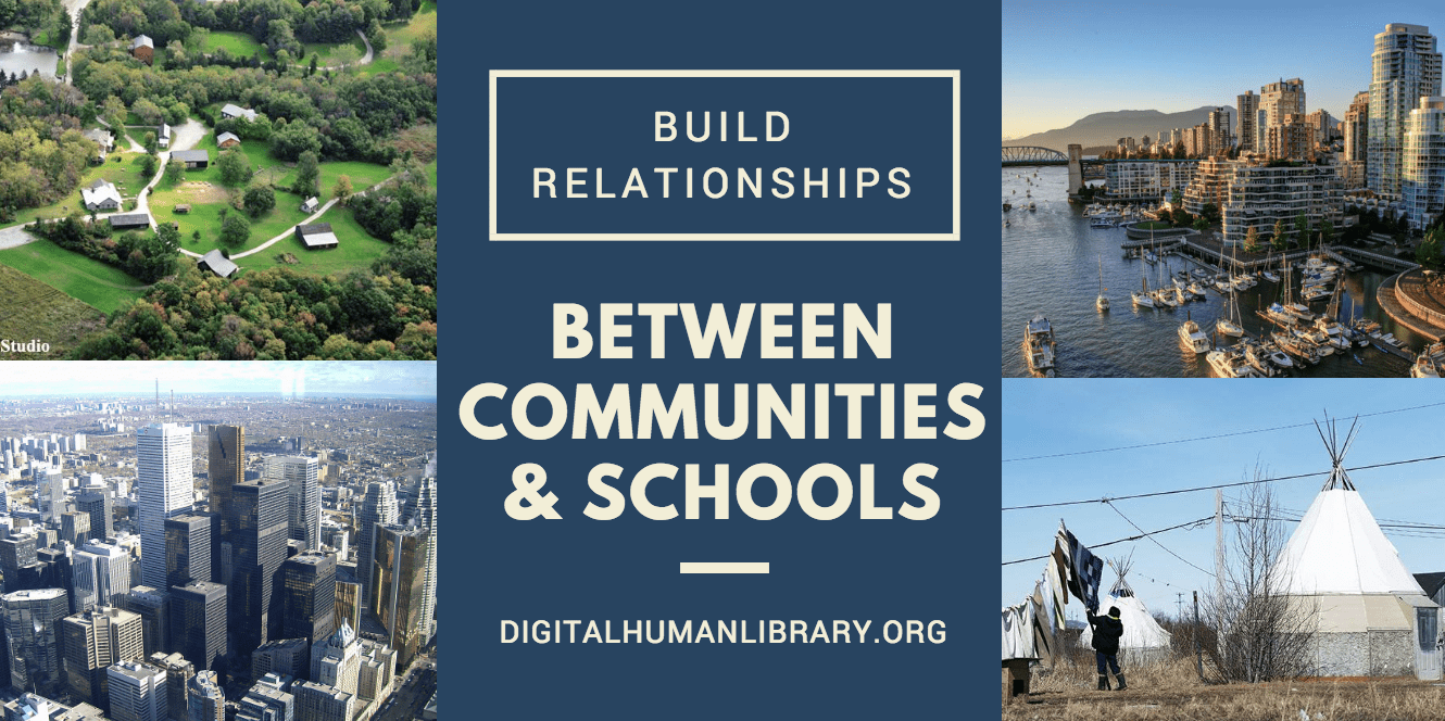 Build relationships between communities and schools, land views of Canadian plain, city, harbor and indigenous neighborhood
