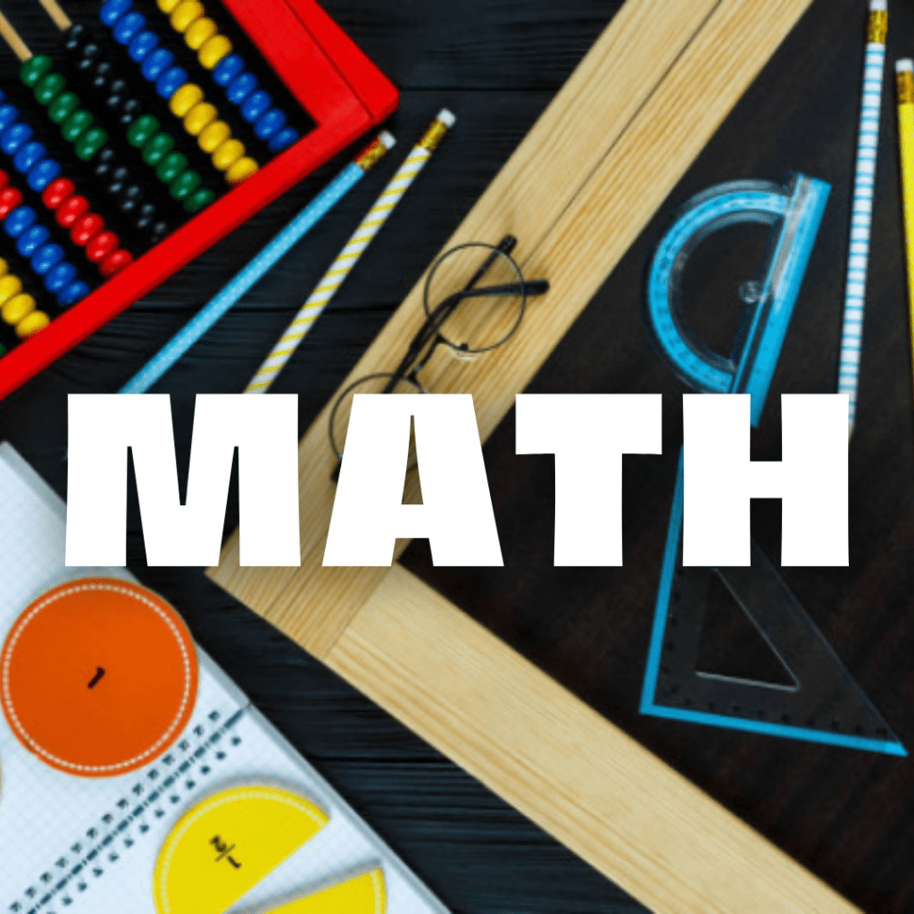 K-12 Lesson Ideas icon for Math with a math book and math instruments on a table 